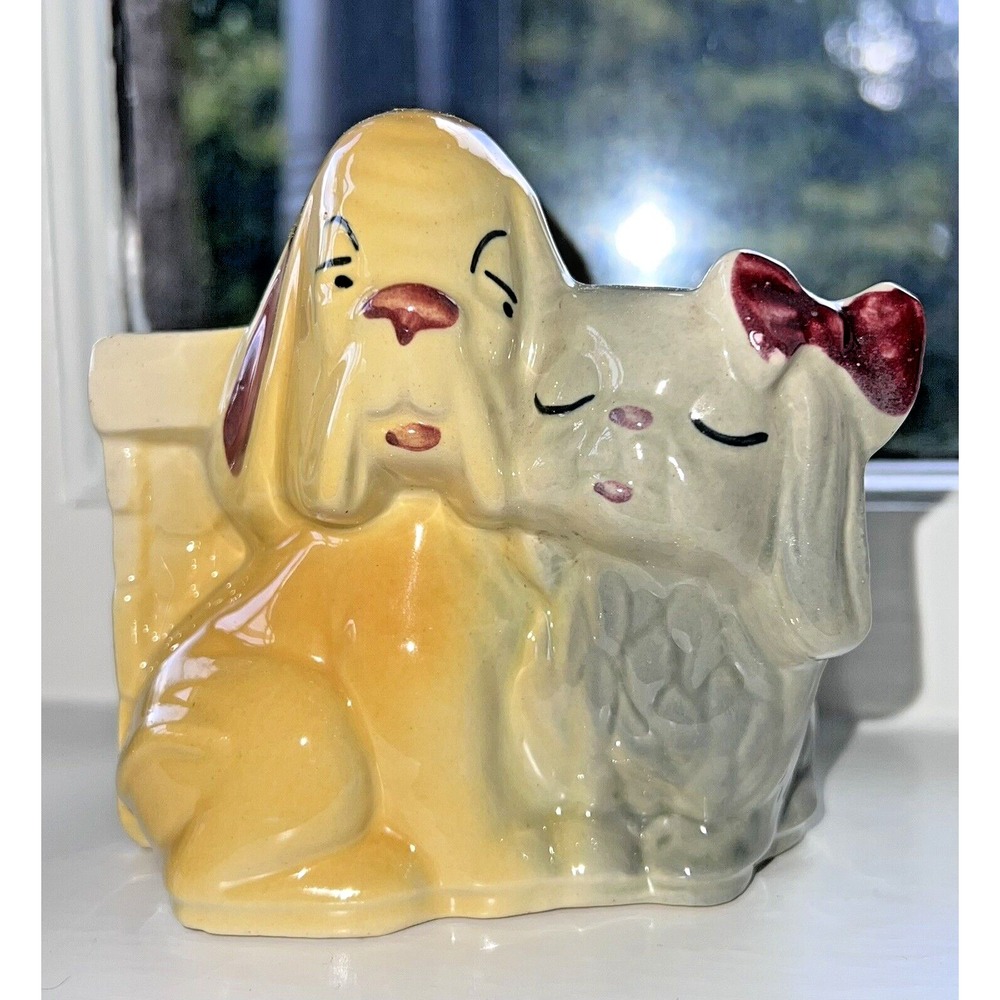 Vintage Shawnee Puppy Dog Planter Yellow Gray Pink Bow USA 611 ~ SUPER CUTE!